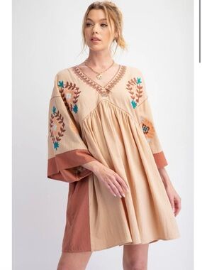 New: Easel Mixed Embroidered Pattern Color Block 3/4 Sleeve Midi Dress• Small
